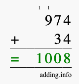 Calculate 974 + 34 using long addition