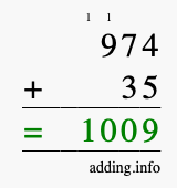 Calculate 974 + 35 using long addition
