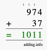 Calculate 974 + 37 using long addition