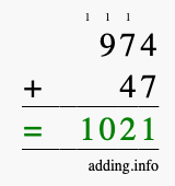 Calculate 974 + 47 using long addition