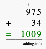 Calculate 975 + 34 using long addition