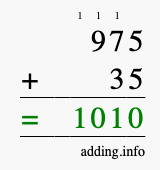 Calculate 975 + 35 using long addition