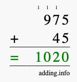 Calculate 975 + 45 using long addition