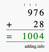 Calculate 976 + 28 using long addition