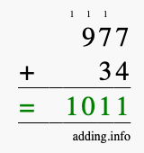 Calculate 977 + 34 using long addition