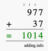 Calculate 977 + 37 using long addition