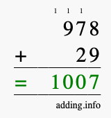 Calculate 978 + 29 using long addition