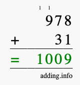Calculate 978 + 31 using long addition