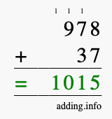 Calculate 978 + 37 using long addition