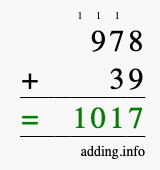 Calculate 978 + 39 using long addition