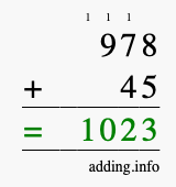 Calculate 978 + 45 using long addition