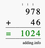 Calculate 978 + 46 using long addition