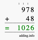 Calculate 978 + 48 using long addition