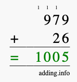Calculate 979 + 26 using long addition