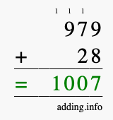 Calculate 979 + 28 using long addition