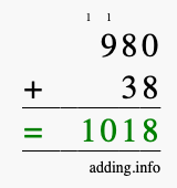 Calculate 980 + 38 using long addition