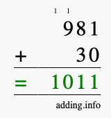 Calculate 981 + 30 using long addition