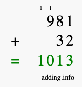 Calculate 981 + 32 using long addition