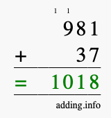 Calculate 981 + 37 using long addition
