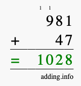 Calculate 981 + 47 using long addition