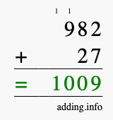 Calculate 982 + 27 using long addition