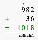 Calculate 982 + 36 using long addition