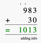 Calculate 983 + 30 using long addition