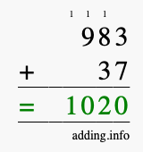 Calculate 983 + 37 using long addition