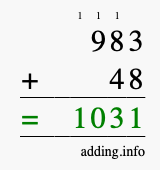 Calculate 983 + 48 using long addition