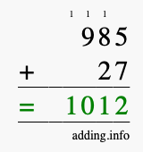 Calculate 985 + 27 using long addition