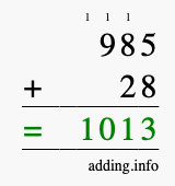 Calculate 985 + 28 using long addition