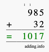 Calculate 985 + 32 using long addition
