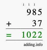 Calculate 985 + 37 using long addition