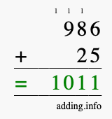 Calculate 986 + 25 using long addition