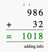 Calculate 986 + 32 using long addition