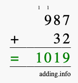 Calculate 987 + 32 using long addition