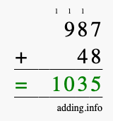 Calculate 987 + 48 using long addition