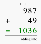 Calculate 987 + 49 using long addition