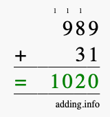 Calculate 989 + 31 using long addition