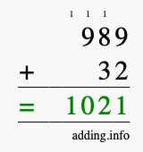 Calculate 989 + 32 using long addition
