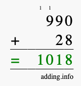 Calculate 990 + 28 using long addition