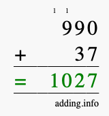 Calculate 990 + 37 using long addition