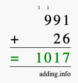 Calculate 991 + 26 using long addition