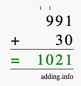 Calculate 991 + 30 using long addition