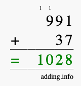 Calculate 991 + 37 using long addition