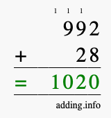 Calculate 992 + 28 using long addition