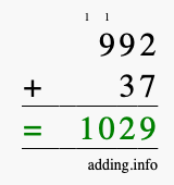 Calculate 992 + 37 using long addition