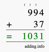 Calculate 994 + 37 using long addition