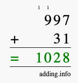 Calculate 997 + 31 using long addition