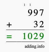 Calculate 997 + 32 using long addition